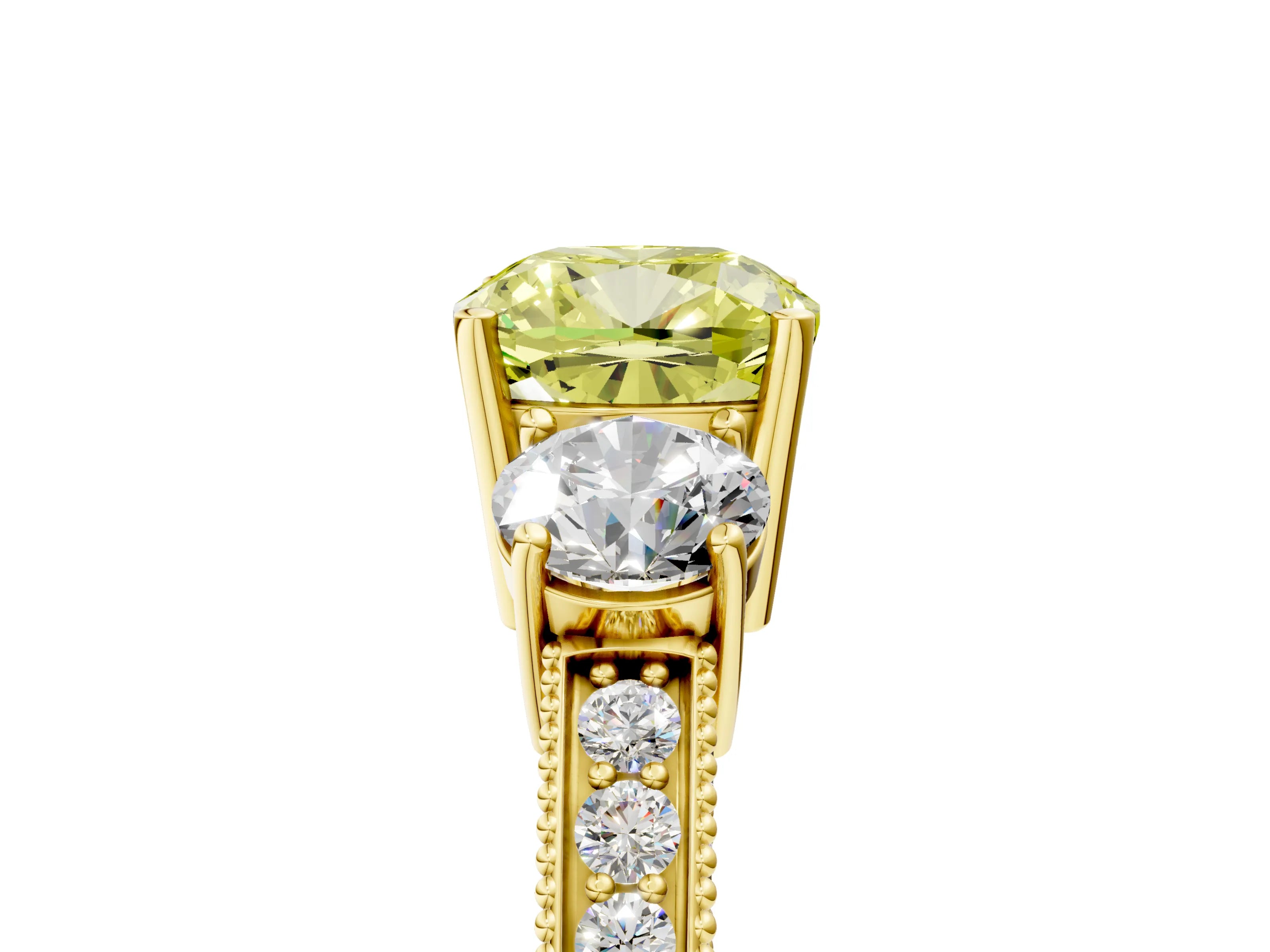Yellow gold Fancy Yellow Cushion Cut Three-Stone Diamond Ring with Pavé Band and Four-Prong Setting_5