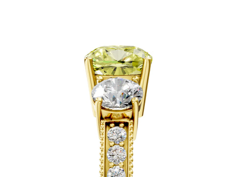 Yellow gold Fancy Yellow Cushion Cut Three-Stone Diamond Ring with Pavé Band and Four-Prong Setting_5
