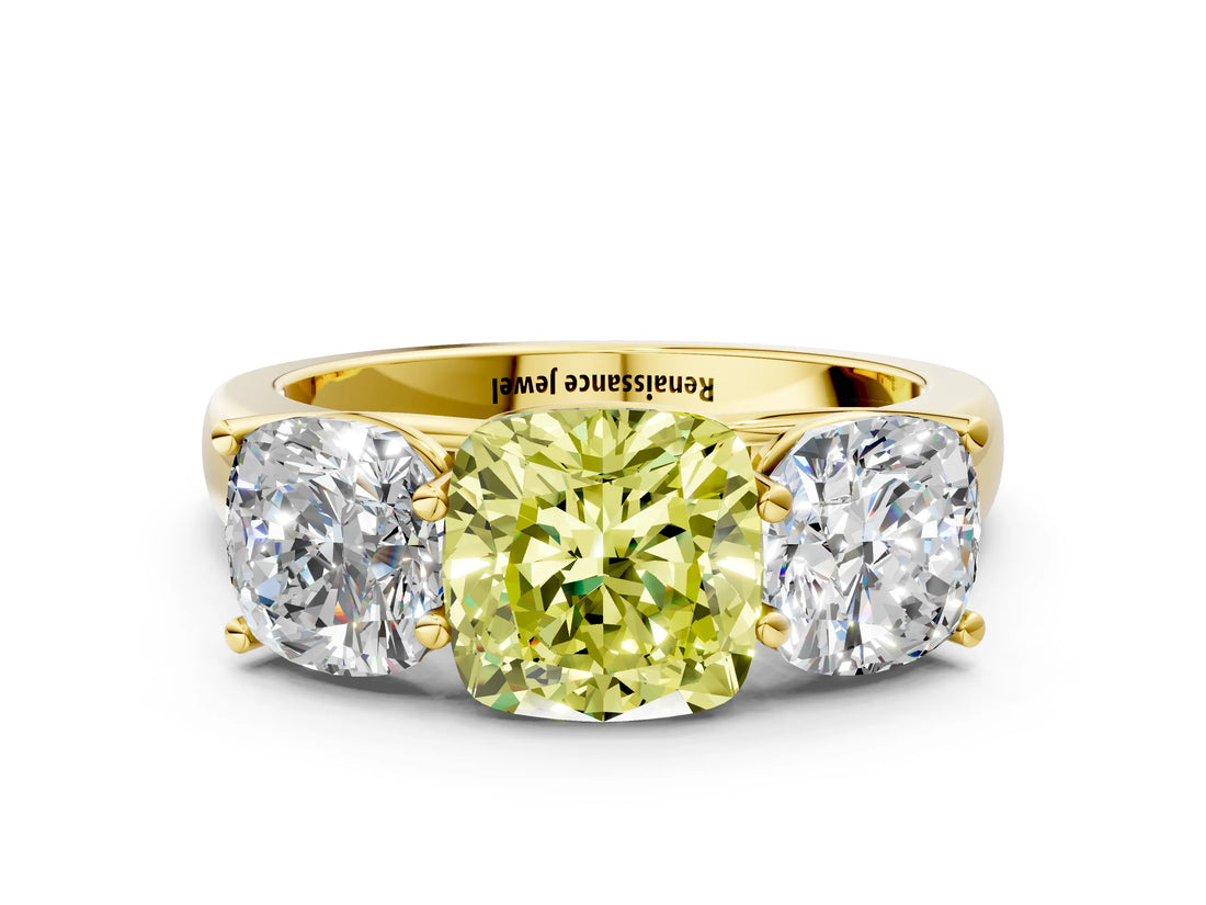 Yellow gold Fancy Yellow Cushion Cut Three-Stone Diamond Ring with Prong Setting on a Classic Band_12