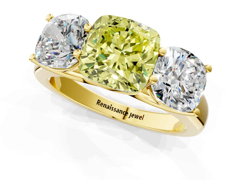 Yellow gold Fancy Yellow Cushion Cut Three-Stone Diamond Ring with Prong Setting on a Classic Band_1