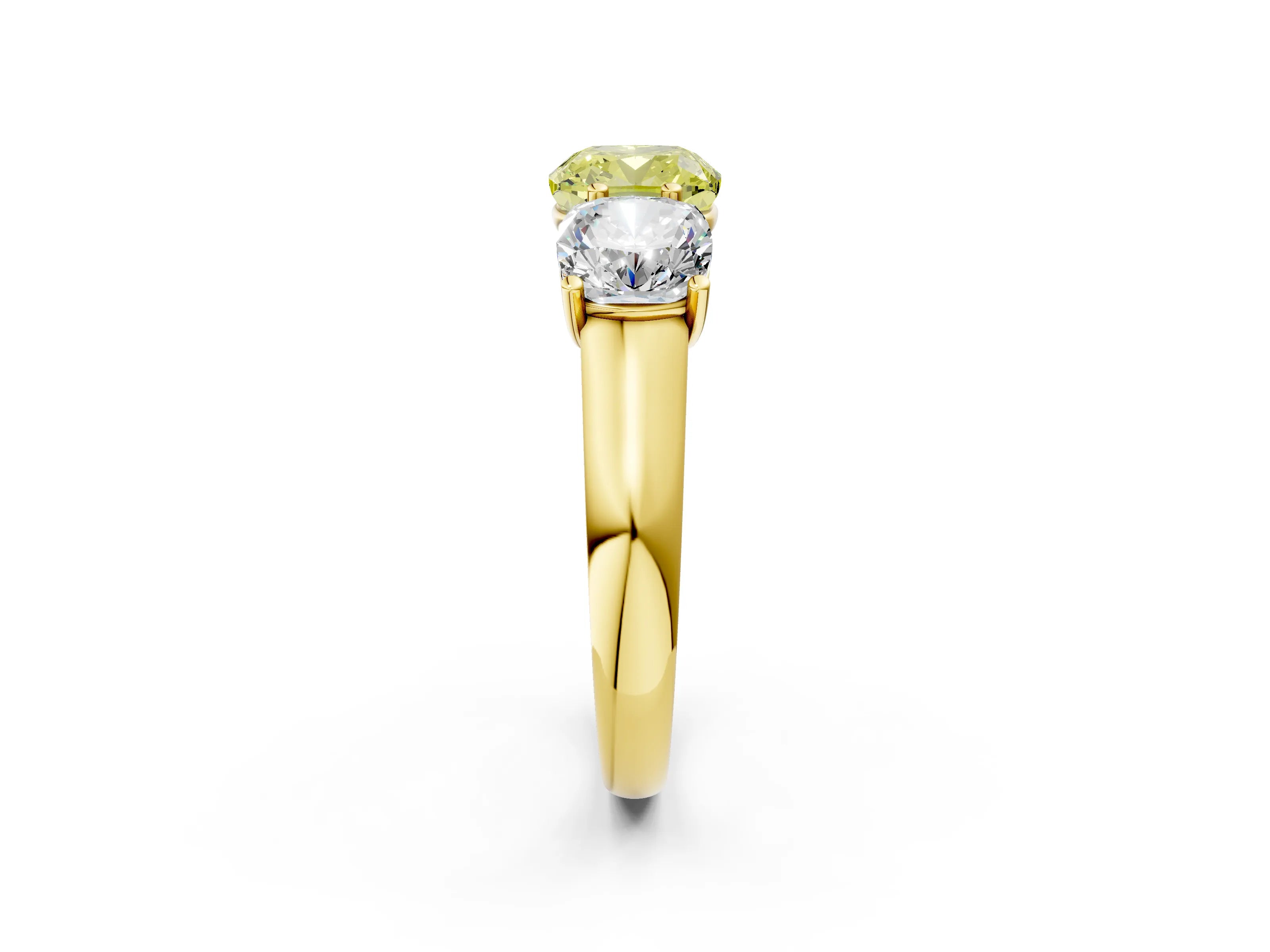 Yellow gold Fancy Yellow Cushion Cut Three-Stone Diamond Ring with Prong Setting on a Classic Band_2