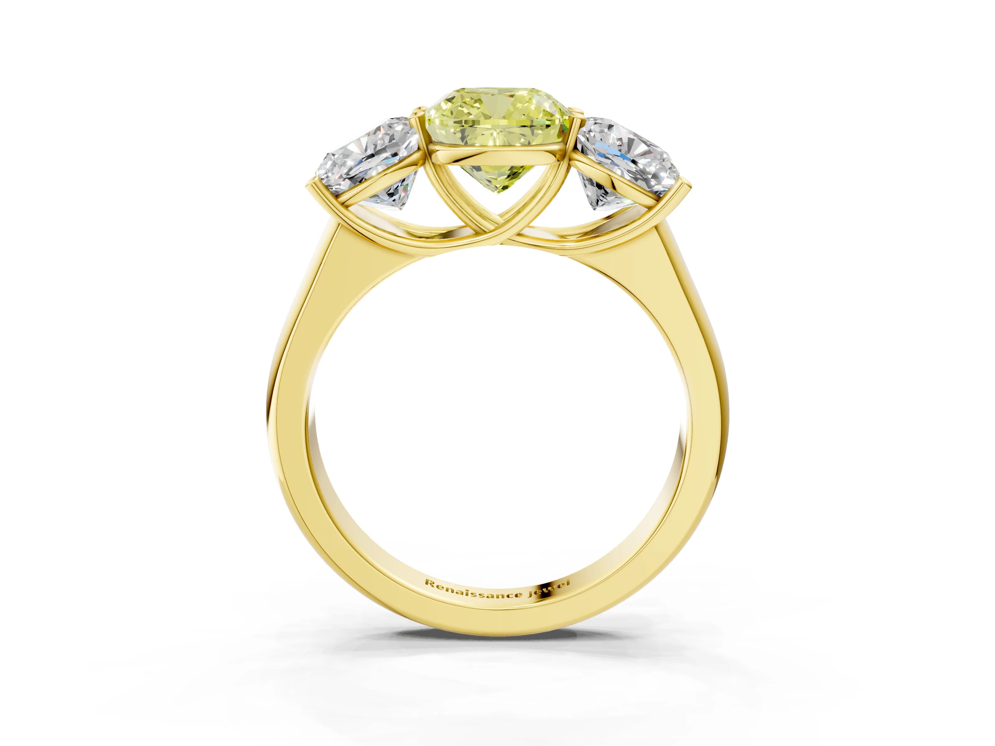 Yellow gold Fancy Yellow Cushion Cut Three-Stone Diamond Ring with Prong Setting on a Classic Band_3