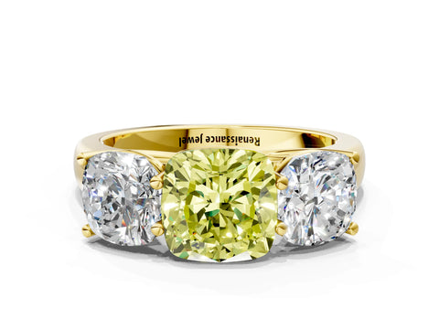 Yellow gold Fancy Yellow Cushion Cut Three-Stone Diamond Ring with Prong Setting on a Classic Band