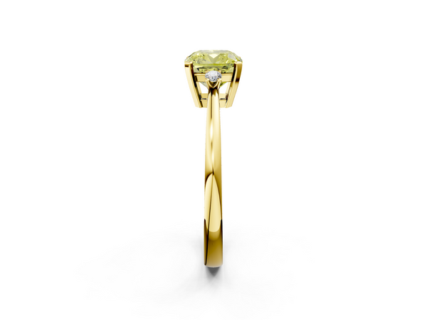 Yellow gold Fancy Yellow Cushion  Cut Three-Stone Solitaire Ring with Round Accent Diamonds and Four-Prong Setting