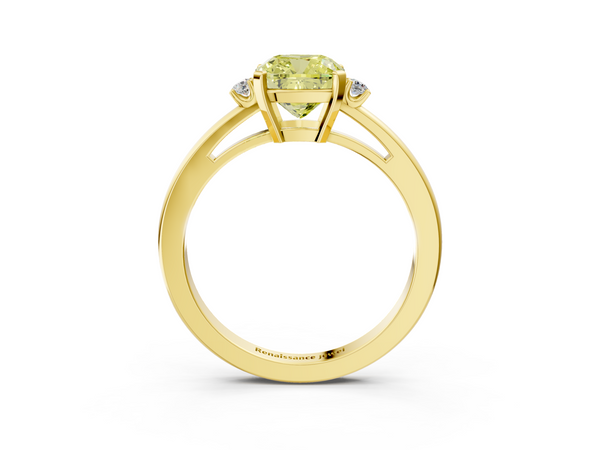 Yellow gold Fancy Yellow Cushion  Cut Three-Stone Solitaire Ring with Round Accent Diamonds and Four-Prong Setting