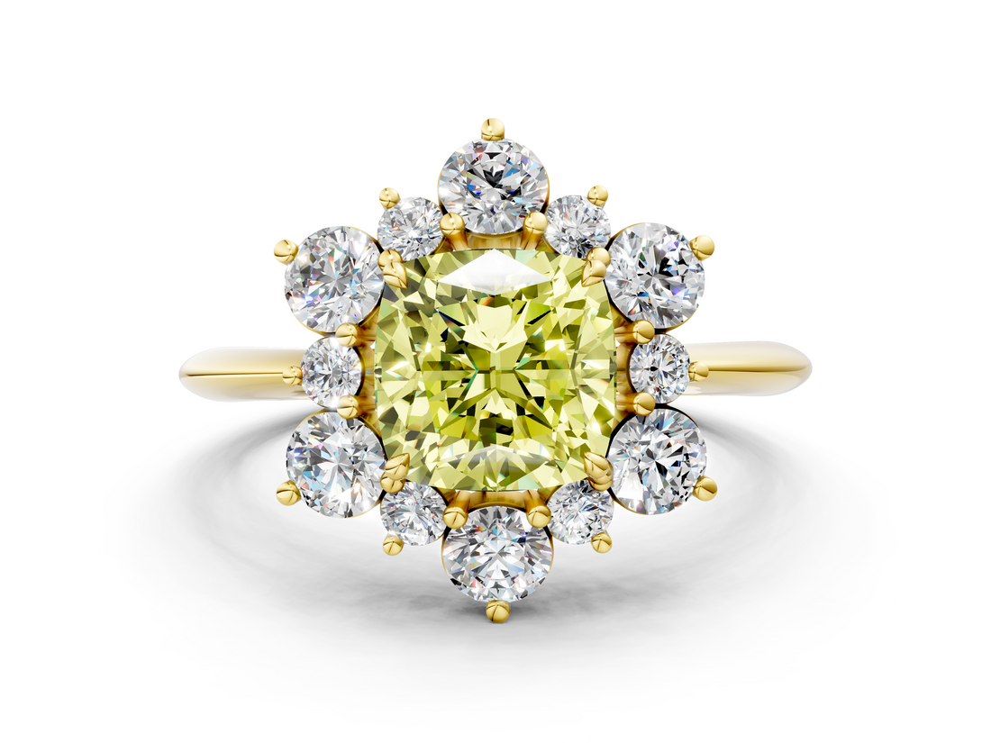 Yellow gold Fancy Yellow Cushion  Diamond Cluster Halo Ring with Solitaire Band and Four-Prong Setting_20