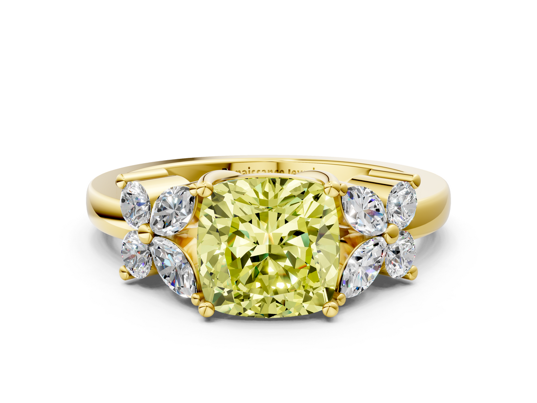 Yellow gold Fancy Yellow Cushion  Diamond Floral Cluster Ring with Solitaire Band and Prong Setting_45
