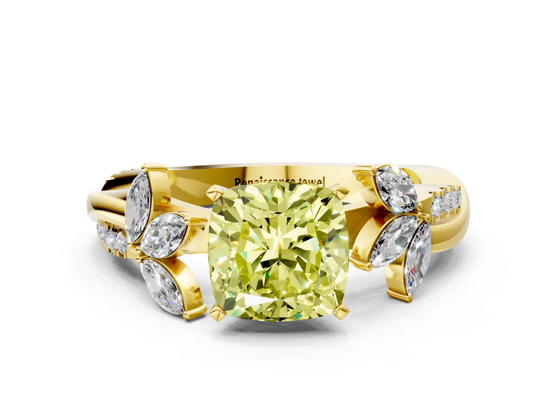 Yellow gold Fancy Yellow Cushion  Diamond Floral Vine Solitaire Engagement Ring_3