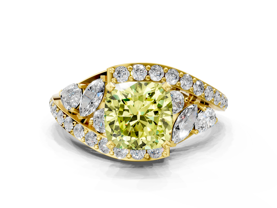Yellow gold Fancy Yellow Cushion  Diamond Halo Ring with Marquise and Pavé Band in Prong Setting_73
