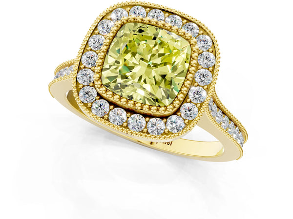 Yellow gold Fancy Yellow Cushion  Diamond Halo Ring with Milgrain Frame and Pavé Band
