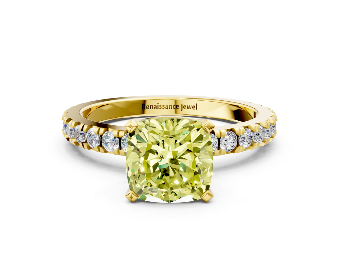 Yellow gold Fancy Yellow Cushion  Diamond Pavé Band Solitaire with Four-Prong Setting_197