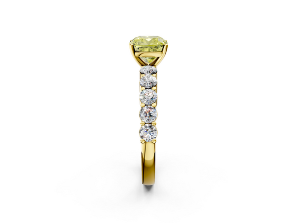 Yellow Gold Cushion Cut Shared Prong Engagement Ring Setting for Fancy Yellow Center