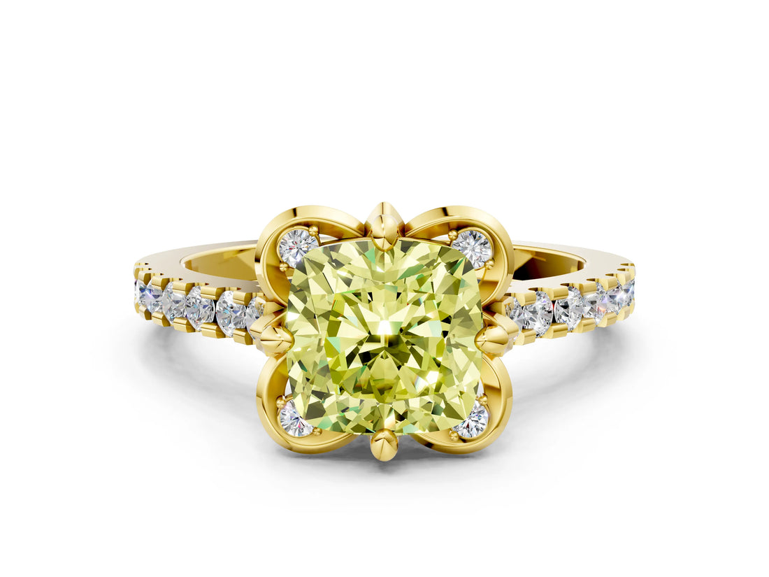 Yellow gold Fancy Yellow Cushion  Diamond Pave Band with Floral Prong Setting_27