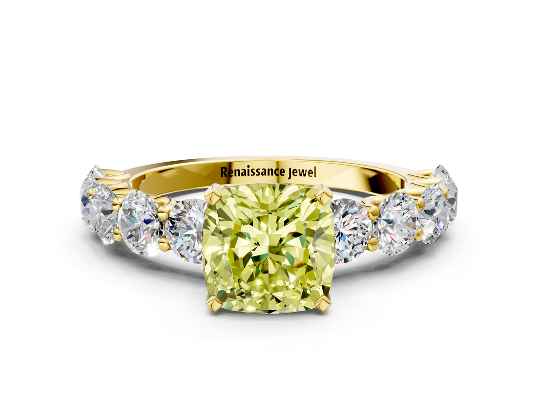 Yellow gold Fancy Yellow Cushion  Diamond Prong Setting with Side Stones on a Pave Band_117
