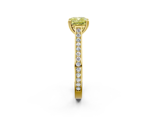 Yellow gold Fancy Yellow Cushion  Diamond Solitaire with Pave Band and Six-Prong Setting