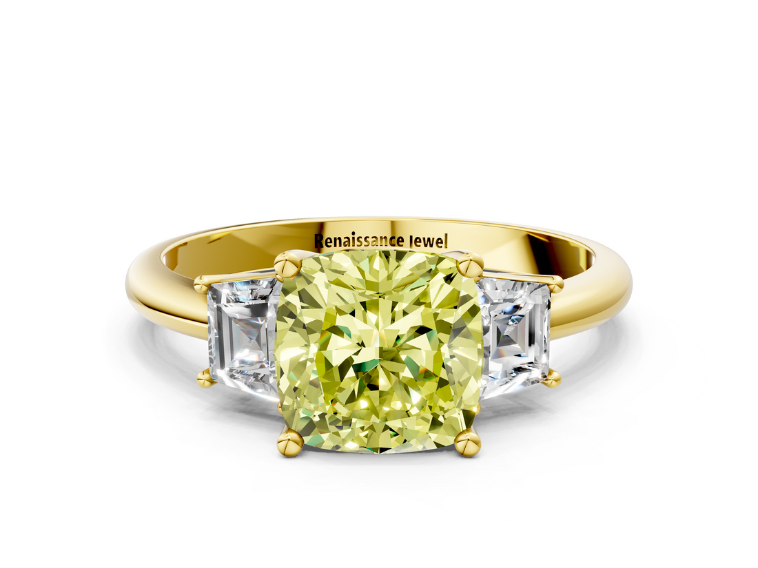 Yellow gold Fancy Yellow Cushion  Diamond Three-Stone Ring with Trapezoid Side Stones and Prong Setting_34