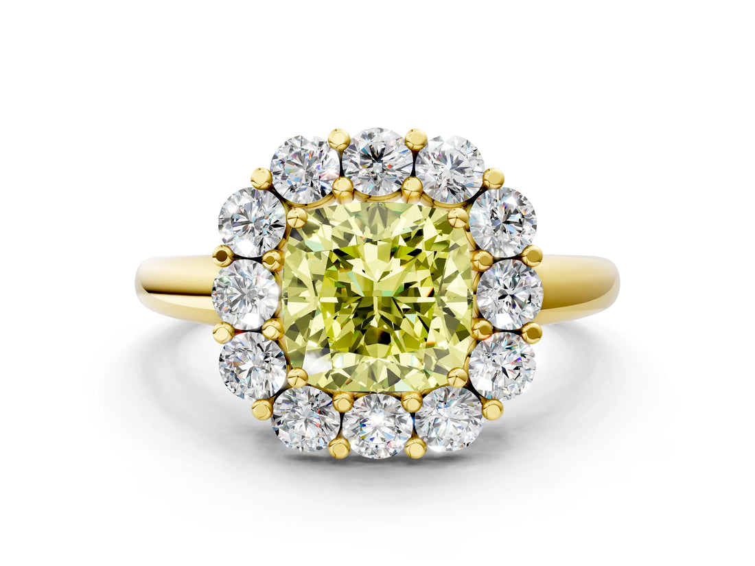 Yellow gold Fancy Yellow Cushion  Halo Cluster Diamond Engagement Ring with Prong Setting and Polished Band_45