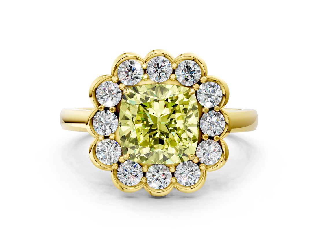 Yellow gold Fancy Yellow Cushion  Halo Cluster Diamond Engagement Ring with Solitaire Band and Prong Setting_49