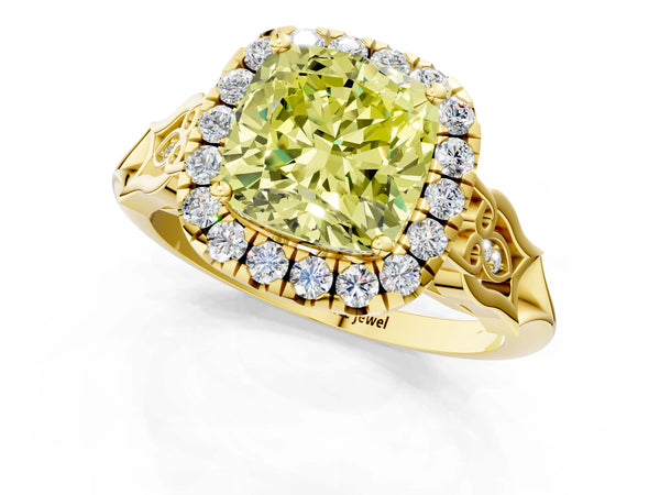 Yellow gold Fancy Yellow Cushion  Halo Diamond Engagement Ring with Filigree Band and Four-Prong Setting