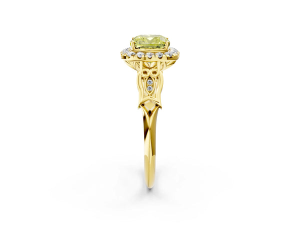 Yellow gold Fancy Yellow Cushion  Halo Diamond Engagement Ring with Filigree Band and Four-Prong Setting