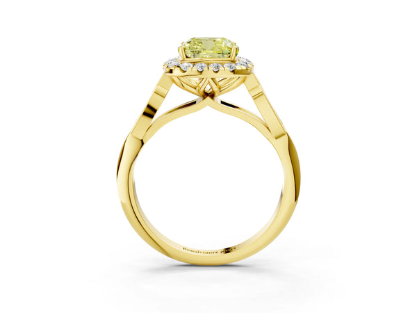 Yellow gold Fancy Yellow Cushion  Halo Diamond Engagement Ring with Filigree Band and Four-Prong Setting