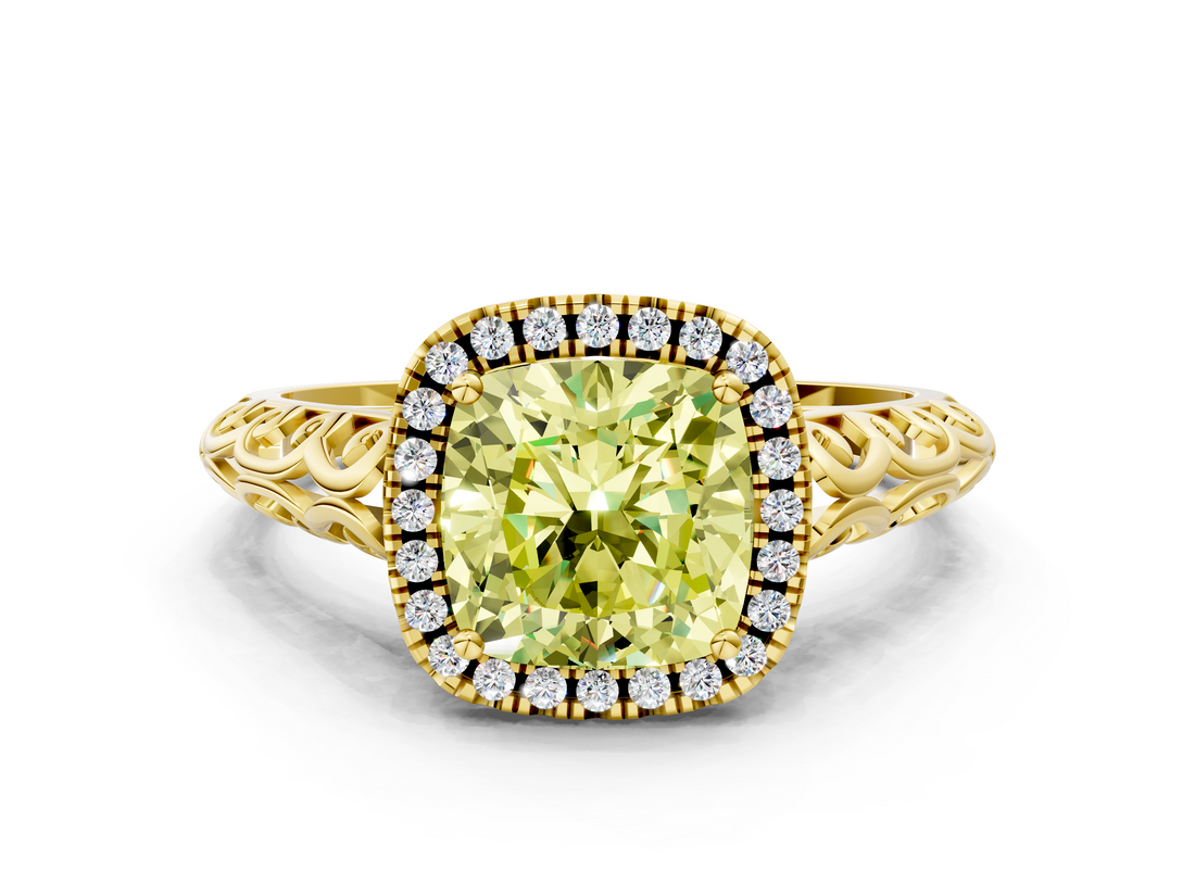Yellow gold Fancy Yellow Cushion  Halo Diamond Engagement Ring with Intricate Filigree Band and Four-Prong Setting_37