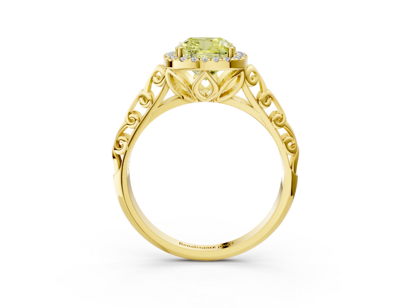 Yellow gold Fancy Yellow Cushion  Halo Diamond Engagement Ring with Intricate Filigree Band and Four-Prong Setting
