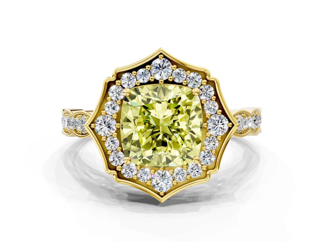 Yellow gold Fancy Yellow Cushion  Halo Diamond Engagement Ring with Milgrain Band and Four-Prong Setting_54
