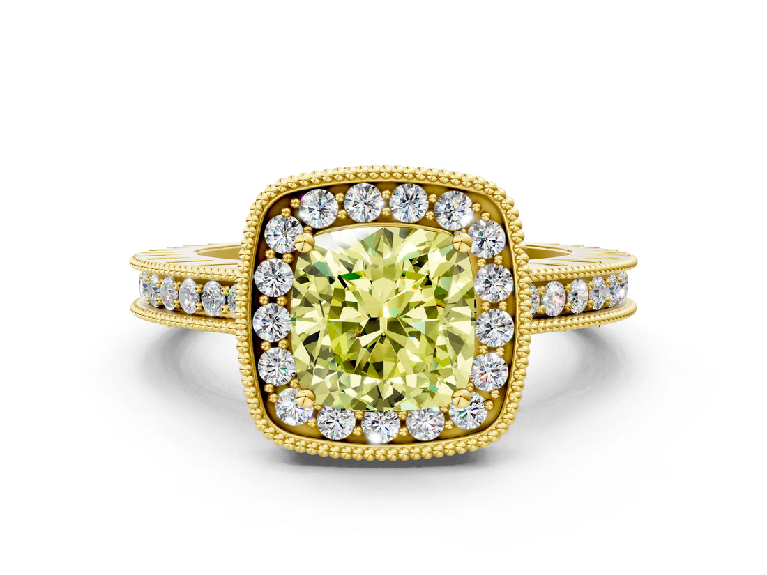 Yellow gold Fancy Yellow Cushion  Halo Diamond Engagement Ring with Milgrain Pave Band and Four-Prong Setting_12