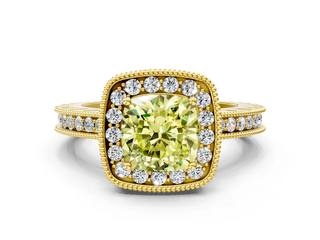 Yellow gold Fancy Yellow Cushion  Halo Diamond Engagement Ring with Milgrain Pave Band and Four-Prong Setting_171