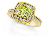 Yellow gold Fancy Yellow Cushion  Halo Diamond Engagement Ring with Milgrain Pave Band and Four-Prong Setting_172