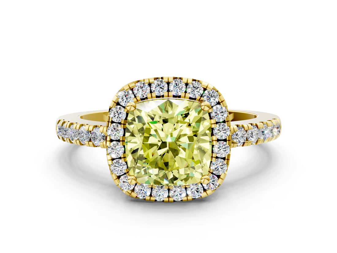Yellow gold Fancy Yellow Cushion  Halo Diamond Engagement Ring with Pavé Band and Four-Prong Setting_75