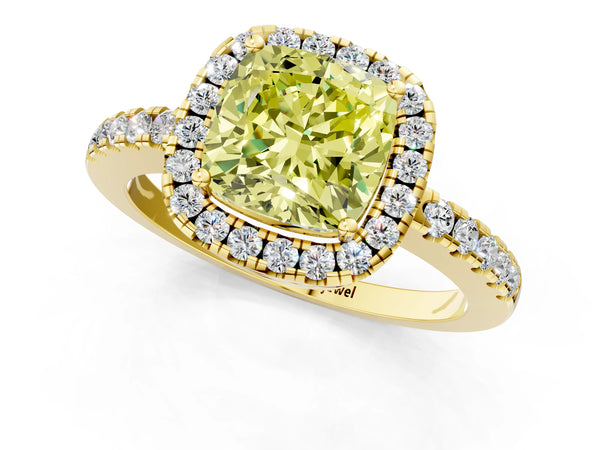 Yellow gold Fancy Yellow Cushion  Halo Diamond Engagement Ring with Pavé Band and Four-Prong Setting