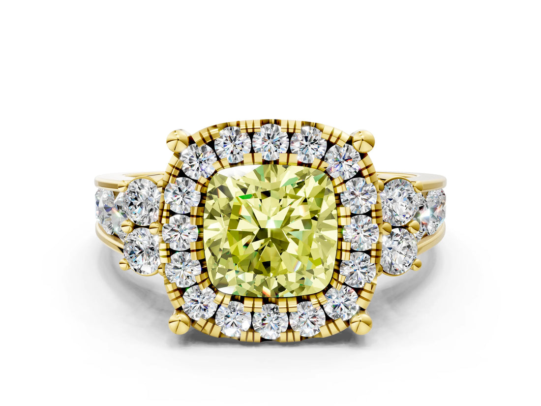 Yellow gold Fancy Yellow Cushion  Halo Diamond Engagement Ring with Split Shank and Four-Prong Setting