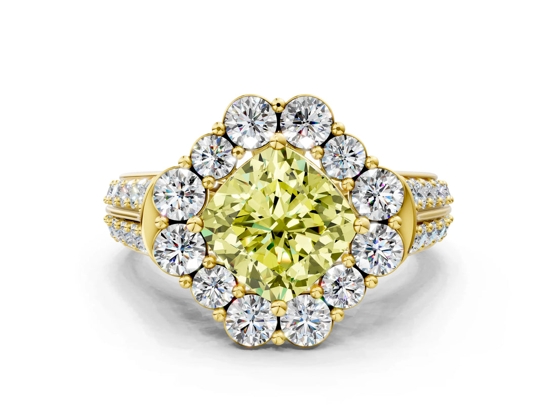 Yellow gold Fancy Yellow Cushion  Halo Diamond Engagement Ring with Split Shank and Prong Setting_65