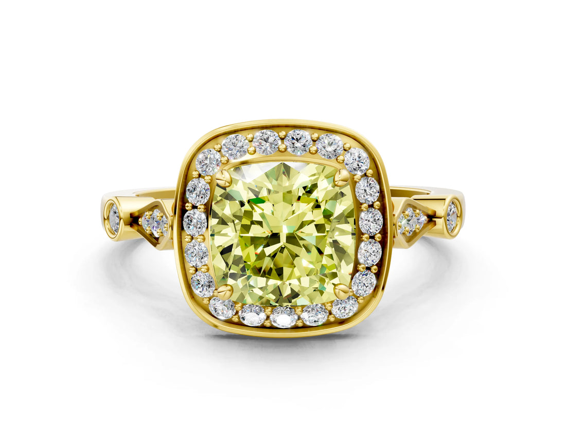Yellow gold Fancy Yellow Cushion  Halo Diamond Engagement Ring with Twisted Band and Four-Prong Setting 1