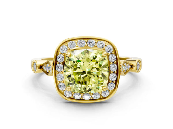 Yellow gold Fancy Yellow Cushion  Halo Diamond Engagement Ring with Twisted Band and Four-Prong Setting