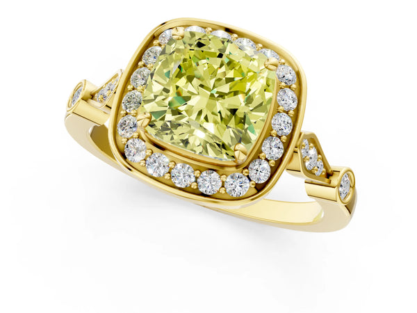Yellow gold Fancy Yellow Cushion  Halo Diamond Engagement Ring with Twisted Band and Four-Prong Setting