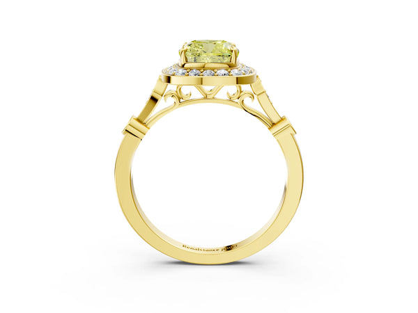 Yellow gold Fancy Yellow Cushion  Halo Diamond Engagement Ring with Twisted Band and Four-Prong Setting