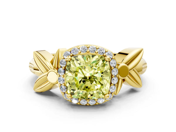 Yellow gold Fancy Yellow Cushion  Halo Diamond Floral Band with Four-Prong Setting