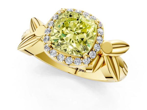 Yellow gold Fancy Yellow Cushion  Halo Diamond Floral Band with Four-Prong Setting