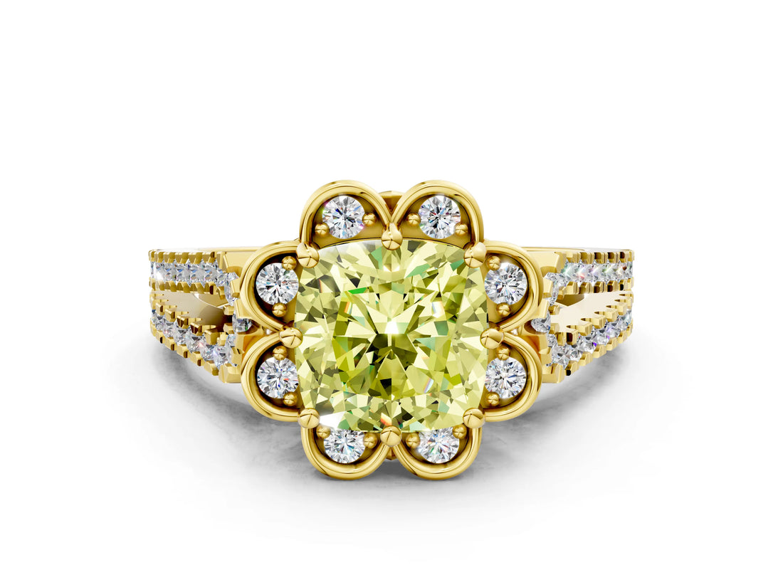 Yellow gold Fancy Yellow Cushion  Halo Diamond Floral Split Shank Engagement Ring