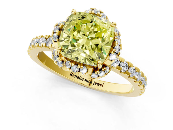 Yellow gold Fancy Yellow Cushion  Halo Diamond Pave Band Ring with Four-Prong Setting