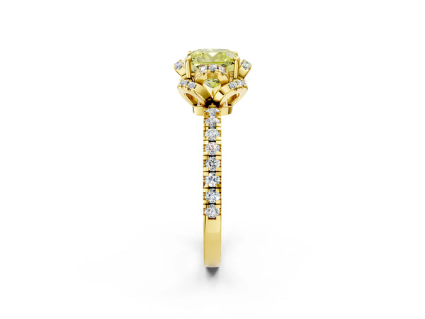 Yellow gold Fancy Yellow Cushion  Halo Diamond Pave Band Ring with Four-Prong Setting