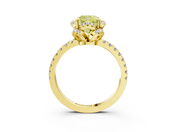 Yellow gold Fancy Yellow Cushion  Halo Diamond Pave Band Ring with Four-Prong Setting