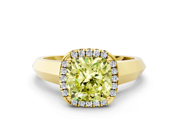 Yellow gold Fancy Yellow Cushion  Halo Diamond Ring with Cathedral Band and Four-Prong Setting