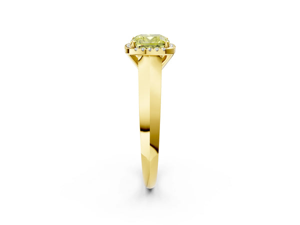 Yellow gold Fancy Yellow Cushion  Halo Diamond Ring with Cathedral Band and Four-Prong Setting