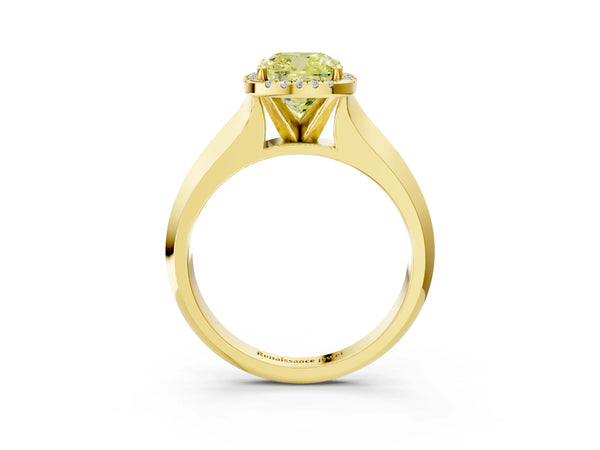 Yellow gold Fancy Yellow Cushion  Halo Diamond Ring with Cathedral Band and Four-Prong Setting