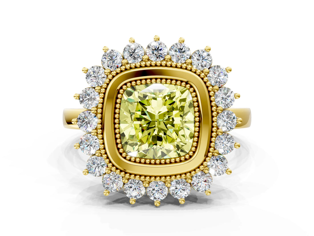 Yellow gold Fancy Yellow Cushion  Halo Diamond Ring with Milgrain Edge and Round Prong Setting_26