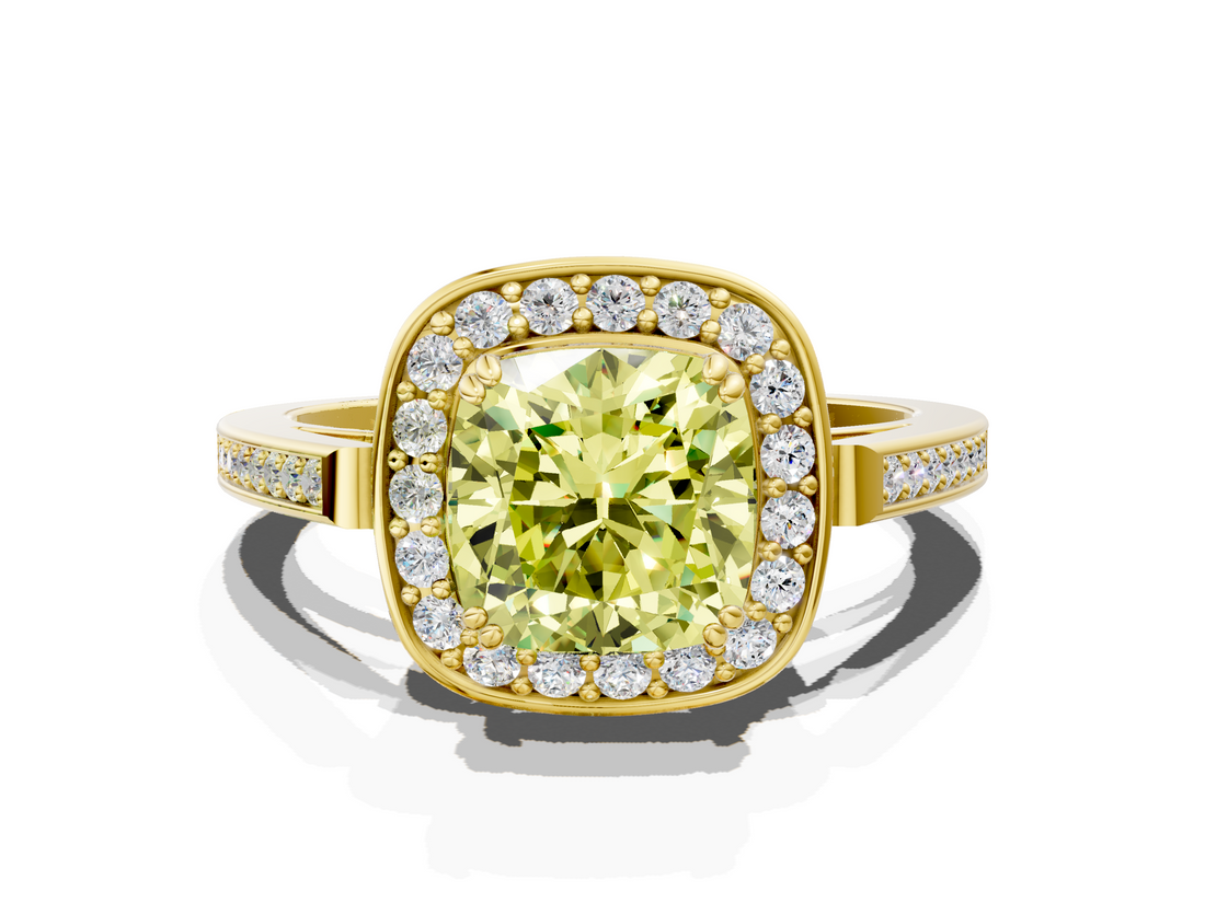 Yellow gold Fancy Yellow Cushion  Halo Diamond Ring with Split Shank and Four-Prong Setting_62